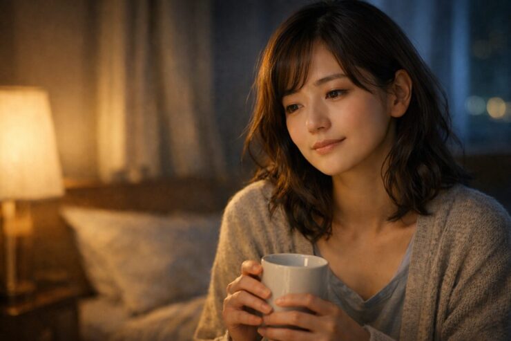 夜の寝室でマグカップを両手に持つ女性の横長ポートレート。やわらかな灯りの中で静かに視線を落とし、嫌な記憶がよみがえる夜の不安と、それでも落ち着こうとする空気を表している。