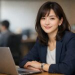 静かなオフィスでノートパソコンに向かいながら、これからのキャリアや「また一緒に組みたい」と思われる働き方を考えている若い女性の横長ポートレート。 A young woman in a quiet office sits at her laptop, thinking about her career and how to become someone colleagues want to work with again, in a soft horizontal portrait photograph.