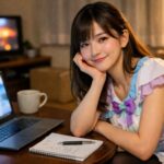 引越しの見積もりサイトをスマホで比べながら、段ボールに囲まれた部屋でアイドル風の衣装を着た若い女性がほっとした表情でカメラを見つめる横長ポートレート。A young Japanese woman in an idol inspired outfit sits in a living room lined with moving boxes, checking a moving comparison site on her phone and looking at the camera with a relieved gentle smile.