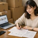 引越しの見積もりをノートパソコンで見比べながら、落ち着いた表情でメモを取る女性。テーブルの上には書類とペンとマグカップが並び、静かな部屋で新生活の引越し費用を冷静に比較している。A young woman reviews moving quotes on her laptop at a wooden table, papers and a calculator beside her, calmly comparing prices for her upcoming move in warm evening light.