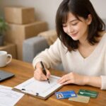 引越し後の新居で、テーブルに広げた通帳とカードと郵便を見比べながら住所変更の順番を整理している女性。少しだけ悩みつつも、落ち着いた表情でメモを書き込んでいる。 A young woman sits in her new apartment, calmly checking bankbooks, ID cards and mail on the table as she writes down the order of her address change procedures in soft daylight.