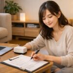 新居のリビングで段ボールに囲まれながら、スマホ片手にコンセントとルーターを確認している女性。引越し直後にWiFiがつながるか不安と安心が入り混じった表情。 A young woman sits in her new living room surrounded by moving boxes, checking a wall outlet and router with her phone, her face caught between worry and relief about the internet connection.