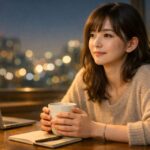 夜の窓辺で木のデスクに向かい、マグカップを両手で包みながらほっと息をつく若い女性。ノートPCとノートを閉じて横に置き、街のボケた灯りを背景に自分のHPを静かに回復している姿。A young Japanese woman sits at a wooden desk at night, hands around a warm mug, laptop and notebook closed beside her, soft city lights blurred outside the window as she quietly restores her HP.