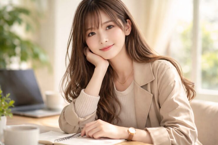 柔らかな春光の中で、落ち着いた表情の若い女性が静かに前を向く横長ポートレート。考える時間の尊さや未来への意志を滲ませるニュアンス。 A horizontal spring portrait of a young woman looking forward with a calm, thoughtful expression. Soft natural light conveys a sense of quiet determination and emotional depth.